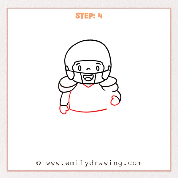 how to draw a football player - A cute football player drawing with helmet and face, now showing both arms with gloves, a V-neck collar, and a curved jersey bottom line.